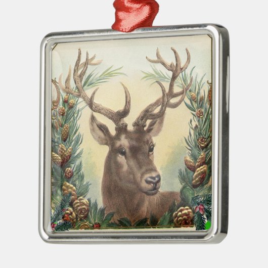 松の円錐付きクリスマスディアー樹冠茶色の緑 メタルオーナメント (左)