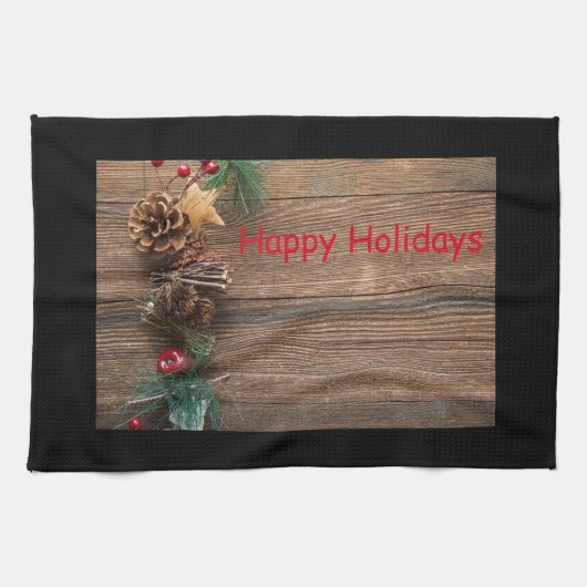 松の円錐形の木製の背景 キッチンタオル (横)