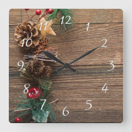 松の円錐形の木製の背景 スクエア壁時計