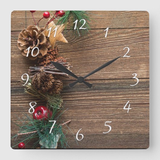 松の円錐形の木製の背景 スクエア壁時計 (正面)