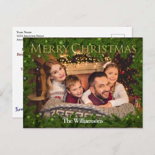 松の写真の中の黄金のメリークリスマス ポストカード (正面/裏面)