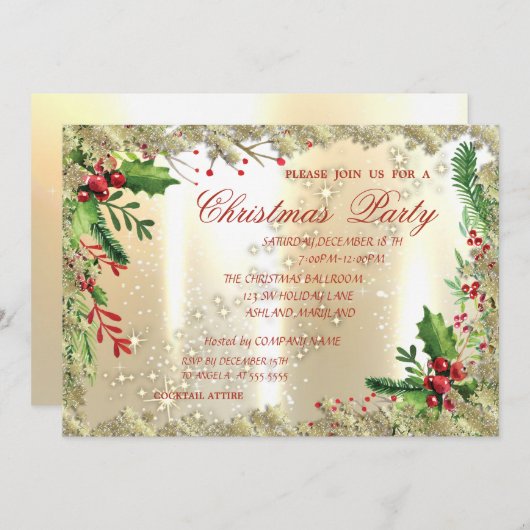 松の実と雪の結晶、企業のクリスマスパーティー 招待状 (正面/裏面)