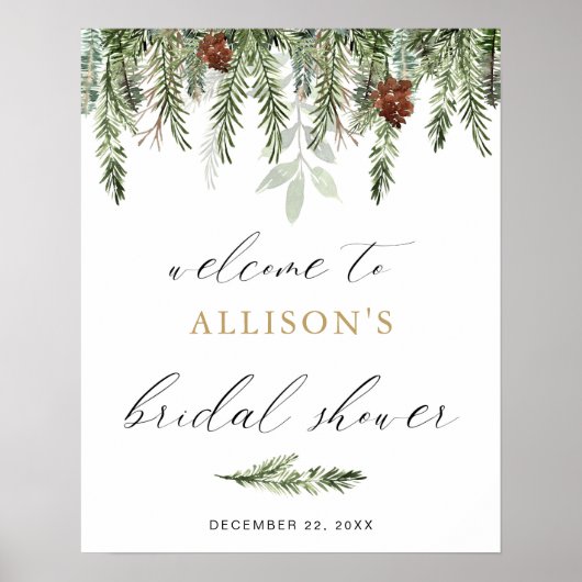 松の実の冬のブライダルシャワーのウェルカムサイン ポスター (正面)