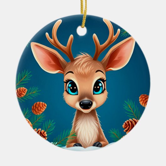 松の実を使った冬のかわいいトナカイ セラミックオーナメント (正面)