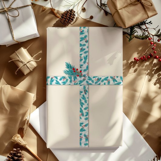 松の小枝と赤い果実クリスマスパターン白 サテンリボン