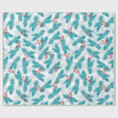 松の小枝と赤い果実クリスマスパターン白 ラッピングペーパー (フラット)