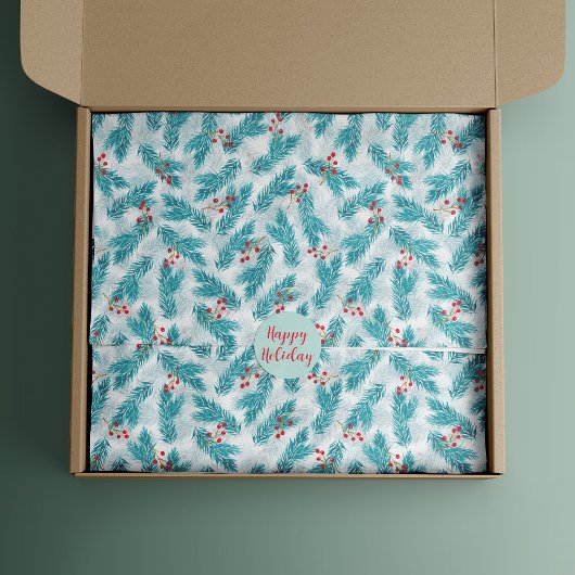 松の小枝と赤い果実クリスマスパターン白 薄葉紙