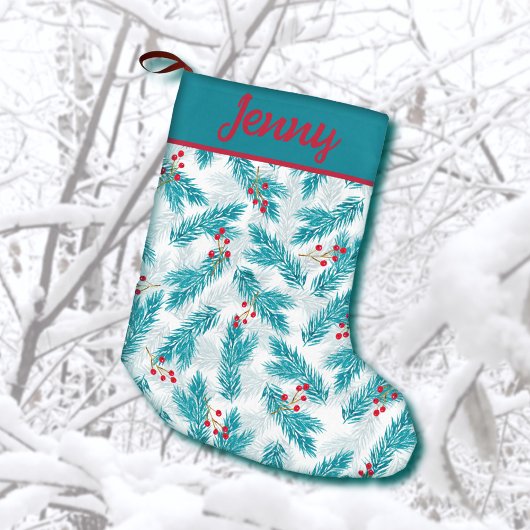 松の小枝と赤い果実クリスマスパターン スモールクリスマスストッキング