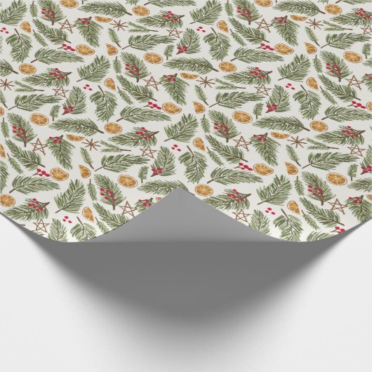松の小枝,果実,砂糖漬けのオレンジ,クリスマス ラッピングペーパー (角)