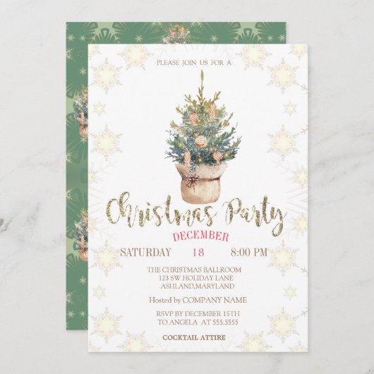 松の木々のオーナメント雪の結晶クリスマスパーティー 招待状 (正面/裏面)