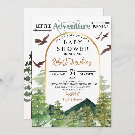 松の木が冒険に赤ちゃんシャワーを始める 招待状 (正面/裏面)