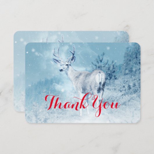 松の木が植えられた冬の鹿ありがとう サンキューカード (正面/裏面)