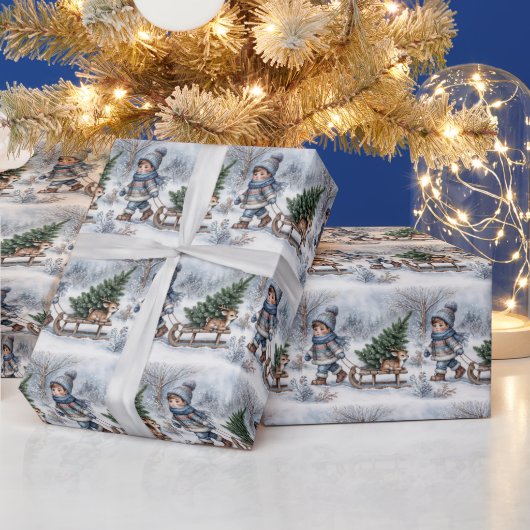 松の木で古いファッションドそり引っ張る少年 ラッピングペーパー (クリスマス)