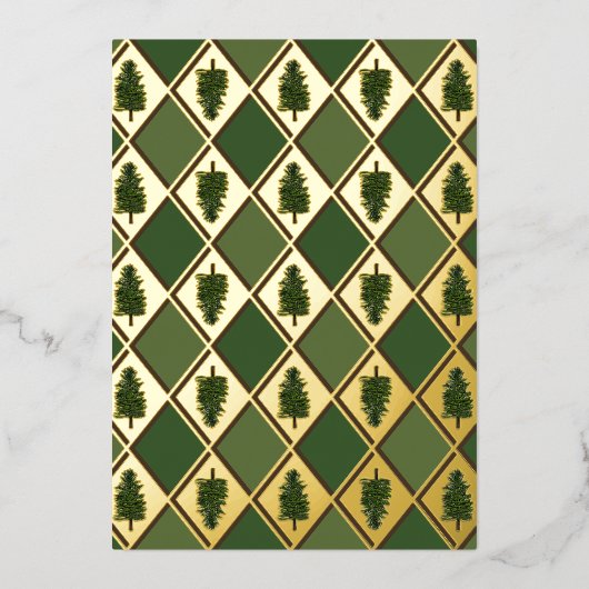 松の木とハーレクインのホリデーカード 箔シーズンカード (正面)