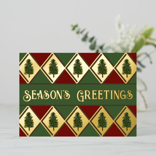 松の木とハーレクインのホリデーカード 箔シーズンカード (立ち正面)