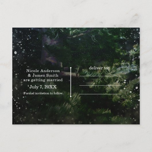松の木とライトの冬のウェディング・セーブ・ザ・デート 案内ポストカード (裏面)