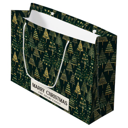 松の木と星の緑のカスタムクリスマス ラージペーパーバッグ (正面アングル)