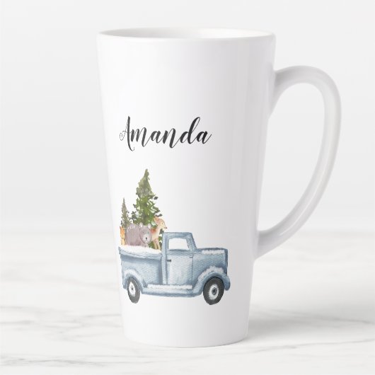 松の木と森の動物とクリスマストラック カフェラテマグ (右)