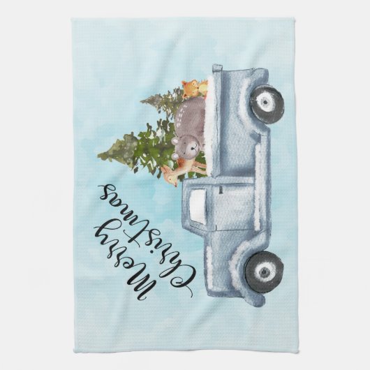 松の木と森の動物とクリスマストラック キッチンタオル (縦)