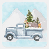 松の木と森の動物とクリスマストラック スクエアシール (正面)