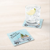 松の木と森の動物とクリスマストラック スクエアペーパーコースター (インサイチュ)