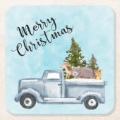 松の木と森の動物とクリスマストラック スクエアペーパーコースター (正面)