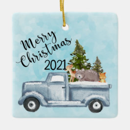 松の木と森の動物とクリスマストラック セラミックオーナメント