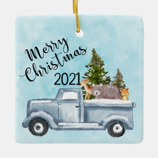 松の木と森の動物とクリスマストラック セラミックオーナメント (正面)