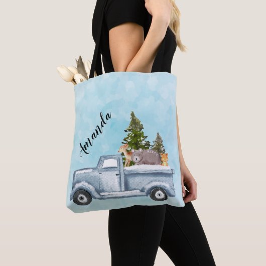 松の木と森の動物とクリスマストラック トートバッグ (クローズアップ)