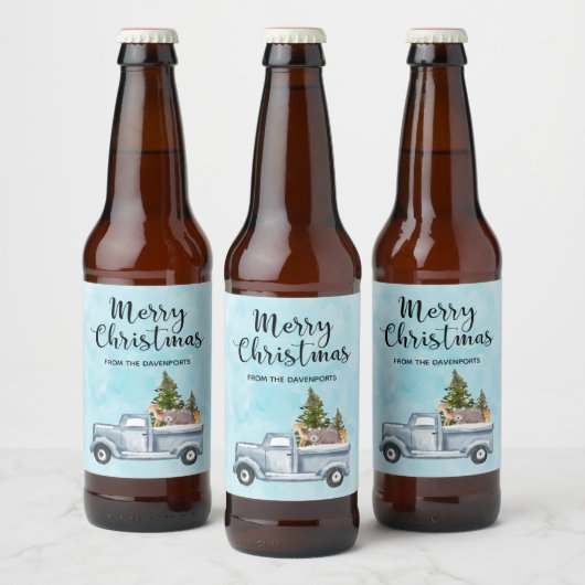 松の木と森の動物とクリスマストラック ビールラベル (ボトル)