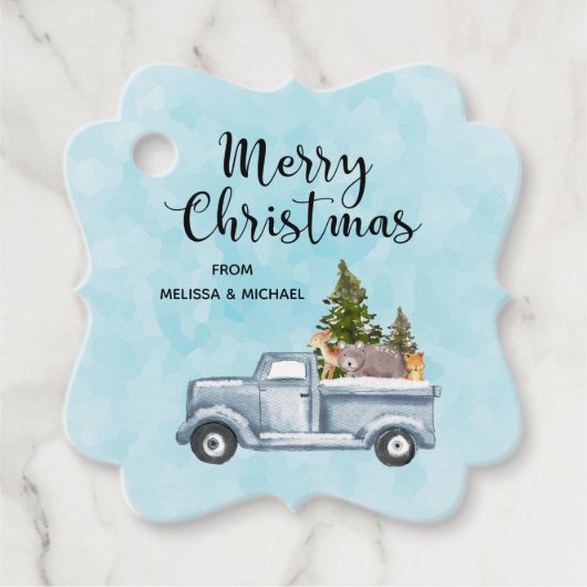 松の木と森の動物とクリスマストラック フェイバータグ (正面)