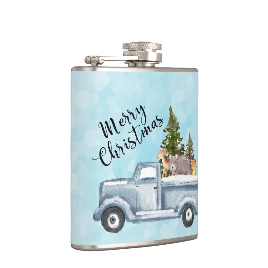 松の木と森の動物とクリスマストラック フラスク (右)