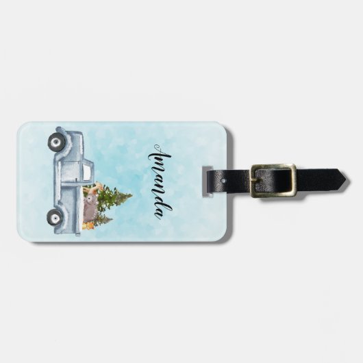 松の木と森の動物とクリスマストラック ラゲッジタグ (正面横)