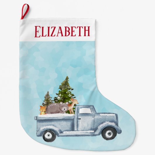 松の木と森の動物とクリスマストラック ラージクリスマスストッキング (正面)