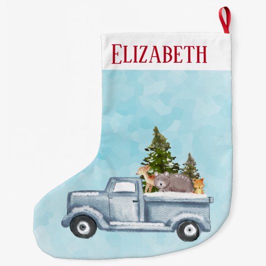 松の木と森の動物とクリスマストラック ラージクリスマスストッキング (裏面)