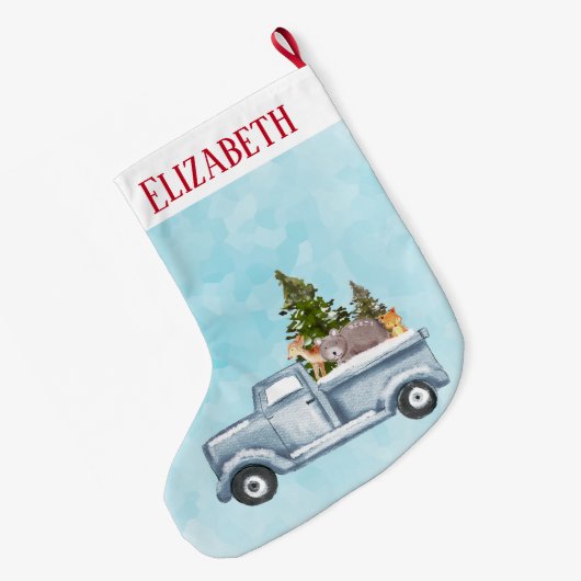 松の木と森の動物とクリスマストラック ラージクリスマスストッキング (裏面 (吊り時))