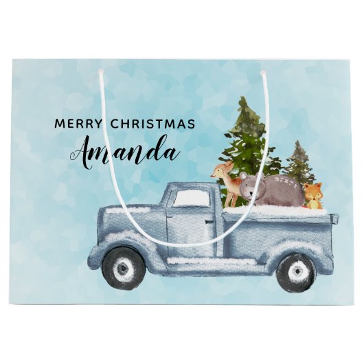 松の木と森の動物とクリスマストラック ラージペーパーバッグ (正面)