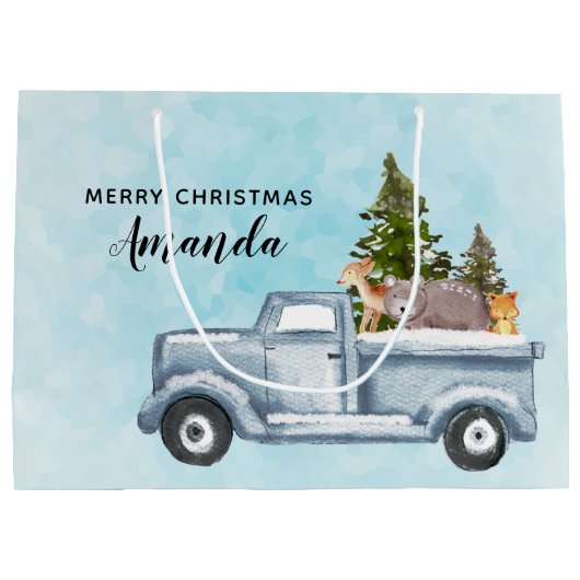 松の木と森の動物とクリスマストラック ラージペーパーバッグ (裏面)