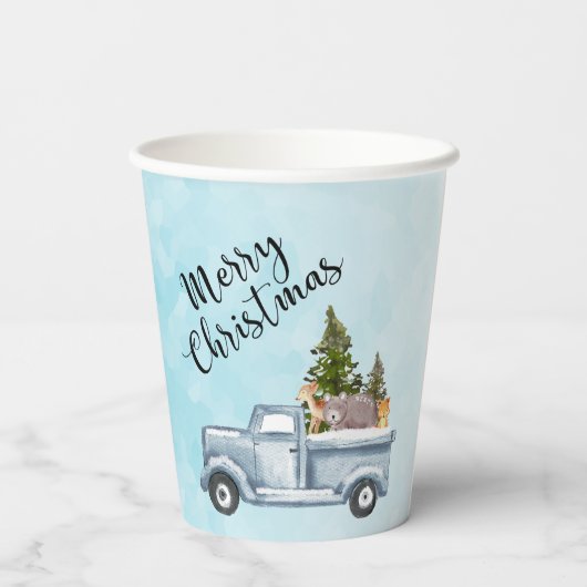 松の木と森の動物とクリスマストラック 紙コップ (裏面)