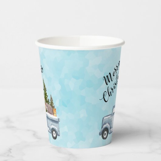 松の木と森の動物とクリスマストラック 紙コップ (左)