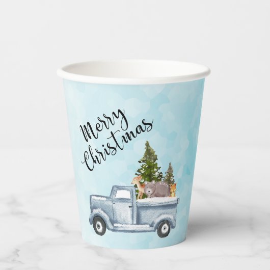 松の木と森の動物とクリスマストラック 紙コップ (正面)