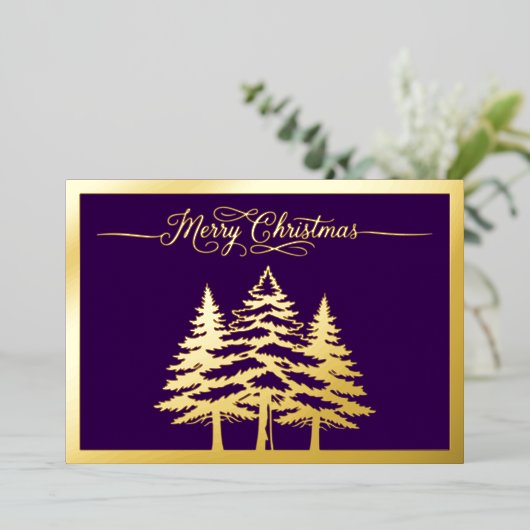 松の木と紫のメリークリスマス金ゴールド 箔シーズンカード (立ち正面)