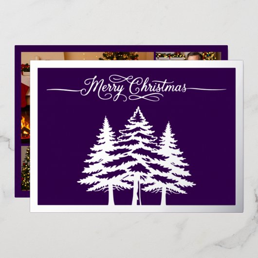 松の木と紫、銀のメリークリスマス 箔シーズンカード (正面/裏面)