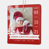松の木と雪のベビー誕生統計と写真赤 セラミックオーナメント (左)