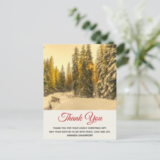 松の木と雪の冬の道ありがとう ポストカード (スタンド正面)