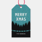 松の木と雪の青いレトロなメリークリスマス ギフトタグ (正面)