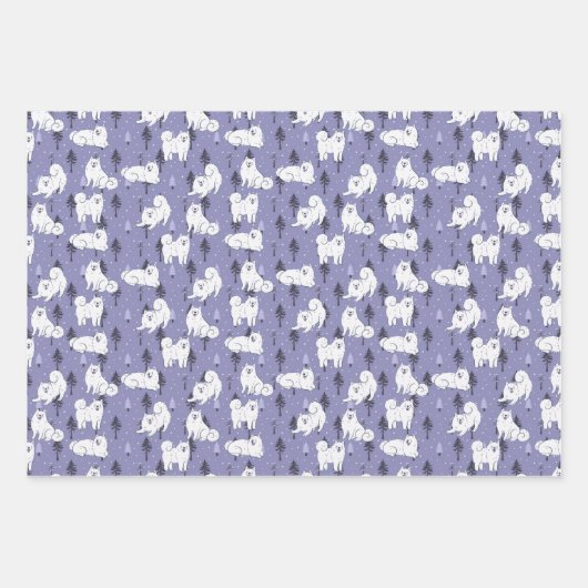 松の木に雪を積んだサモエイのハスキー犬 ラッピングペーパーシート (正面2)