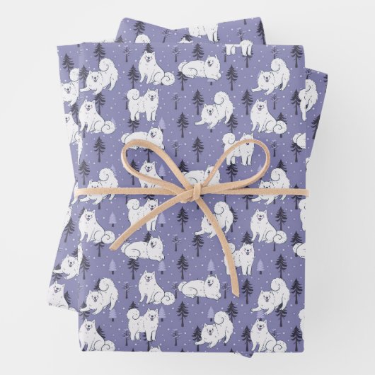 松の木に雪を積んだサモエイのハスキー犬 ラッピングペーパーシート (インサイチュ)