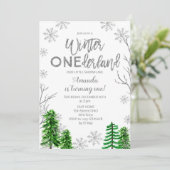 松の木のウィンター ワンダーランド ファースト バースデー 招待状 (スタンド正面)