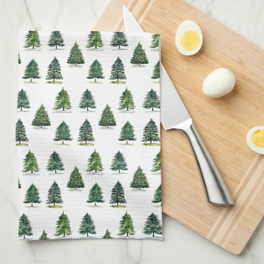 松の木のパターンのクリスマスグリーンウォーター色 キッチンタオル (四つ折り)